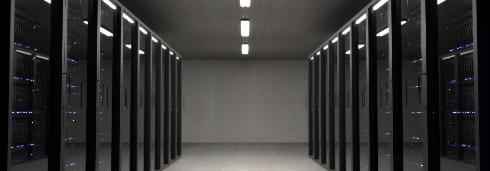 A row of servers are lined up in a server room.