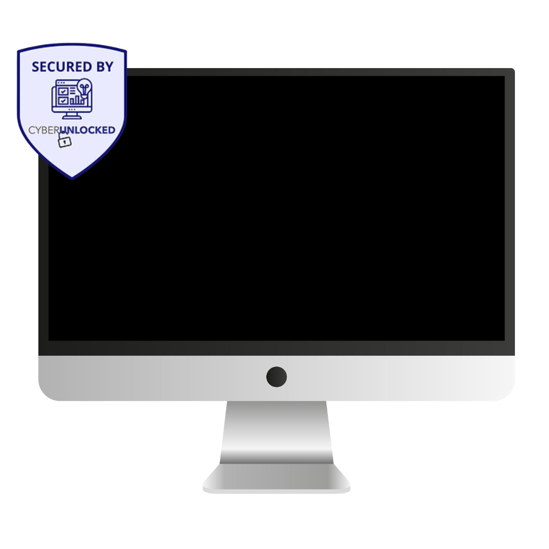 A computer monitor with a shield on it that says `` secured by ''.