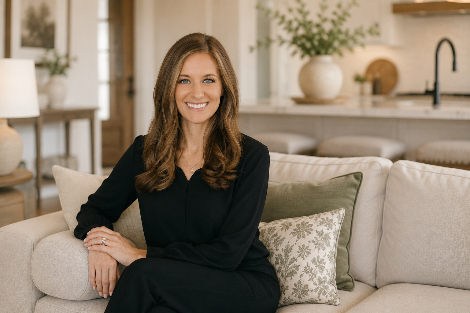 Woman seated on a beige sofa in a bright living room, smiling at the camera.