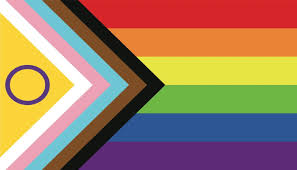 Progress Pride flag with rainbow stripes and black, brown, light blue, pink, and white chevron on the left