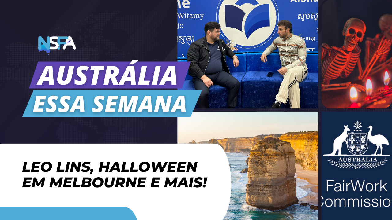 Dois homens estão sentados em um sofá em frente a uma placa que diz austrália essa semana