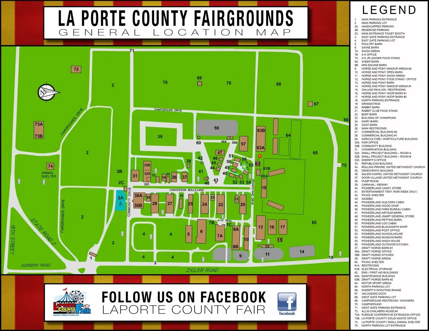 Map of La Porte County Fairgrounds, showing building locations and landmarks on a green background with a numbered legend.