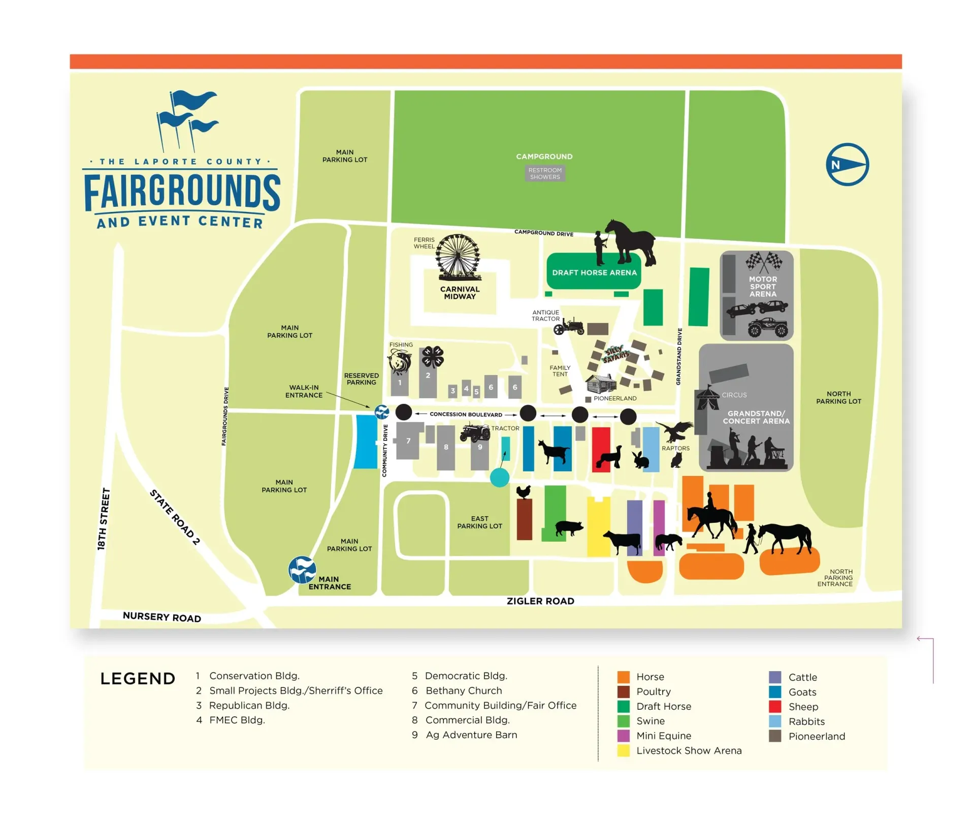 Map of the Deschutes County Fairgrounds showing various event buildings, livestock areas, and parking facilities.