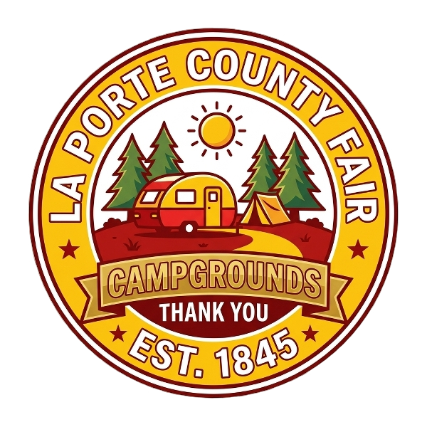 Logo for La Porte County Fair Campgrounds with a vintage camper, tent, trees, and sun against a circular yellow background.