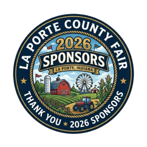 A circular La Porte County Fair 2026 sponsor badge featuring a farm, tractor, Ferris wheel, and corn stalks.