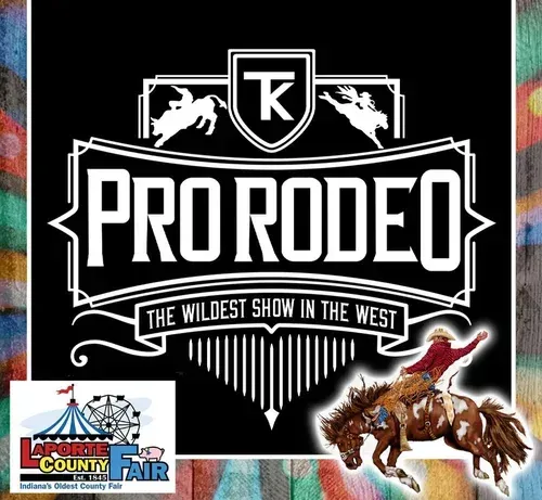 Promotional graphic for a Pro Rodeo event at the LaPorte County Fair, featuring a cowboy riding a bucking horse.