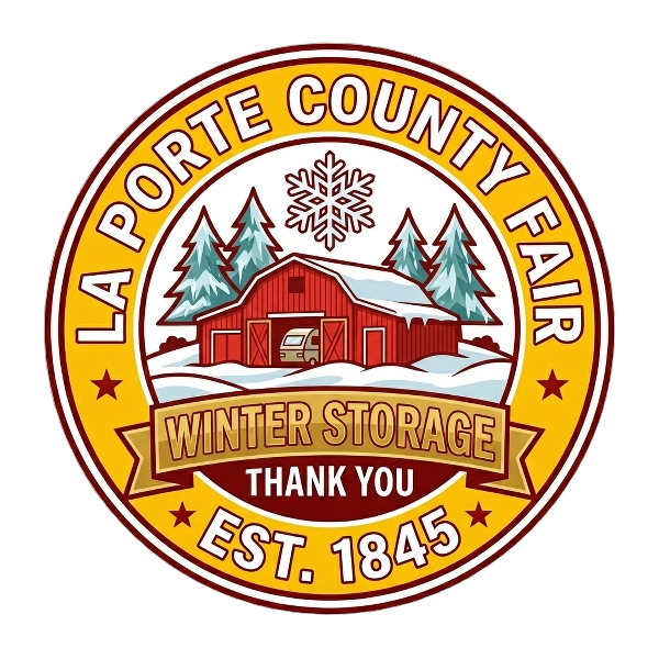 A La Porte County Fair logo for winter storage, featuring a red barn, snowy trees, a snowflake, and the text