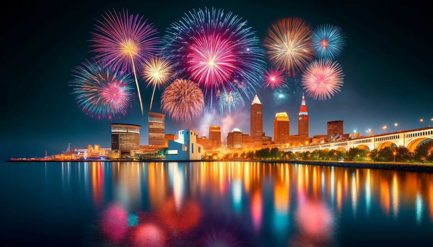 Photo of fireworks going off over Lake Erie by Cleveland, Ohio