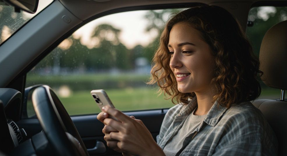 Cleveland woman sitting in her car and smiling with her smartphone for her remote hypnosis session