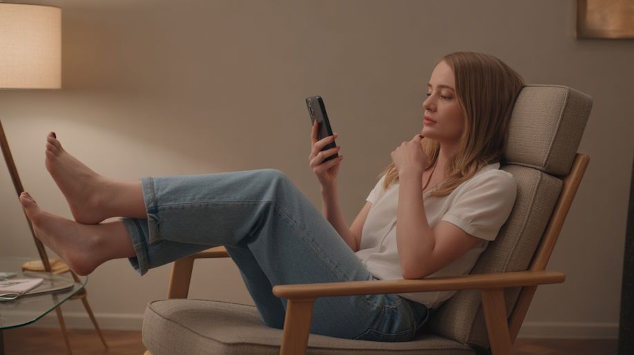 cleveland woman emerging from a remote hypnosis session sitting back relaxed in her easychair with her legs propped up and her smartphone in hand