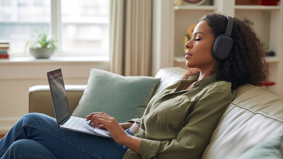 Cleveland woman on her couch at home doing remote hypnosis on her laptop