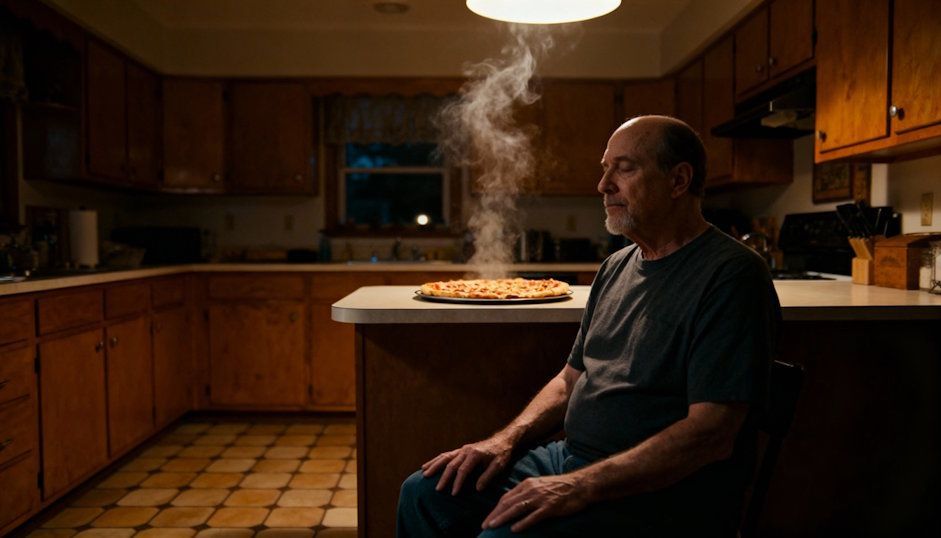 Cleveland resident sitting in his cozy Lakewood kitchen at night resisting cravings with a steaming pizza in the background