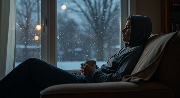 Cleveland winter evening scene with a calm person relaxing indoors representing mental clarity