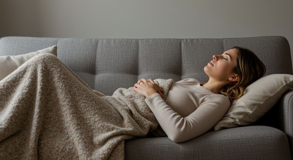 Cleveland woman breathing calmly laying back on a comfy couch in Parma during a hypnosis session