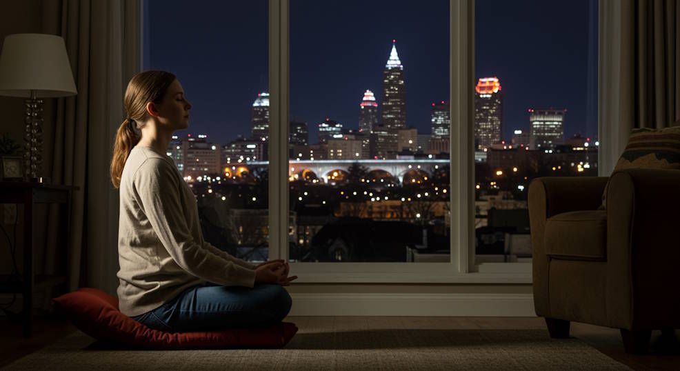 woman meditating on floor cushion by window, quiet night view of downtown Cleveland lights