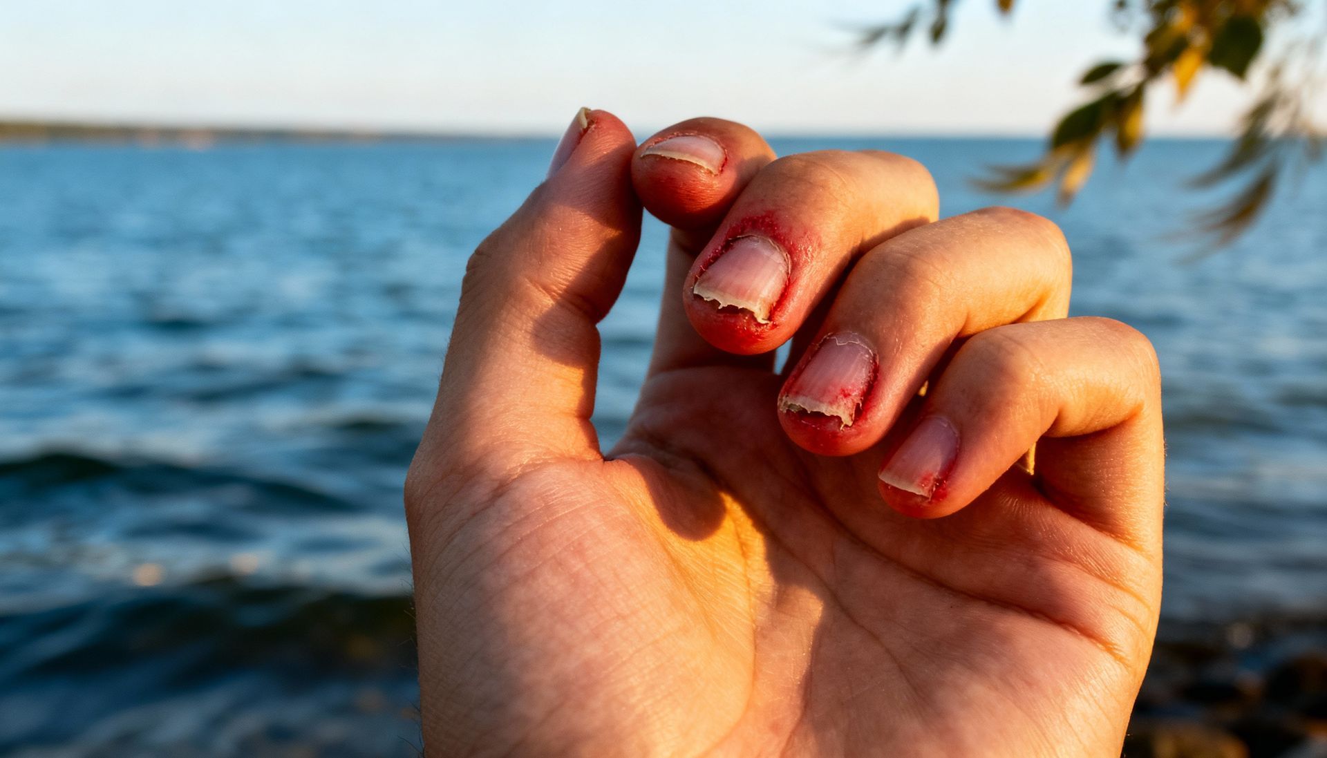 Close-up of a hand with fingernails chewed down with some red irritation around the nail beds