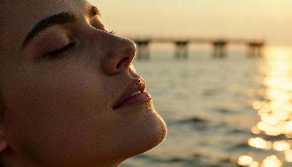 Close-up of a relaxed face with Lake Erie reflections subtly blended in background
