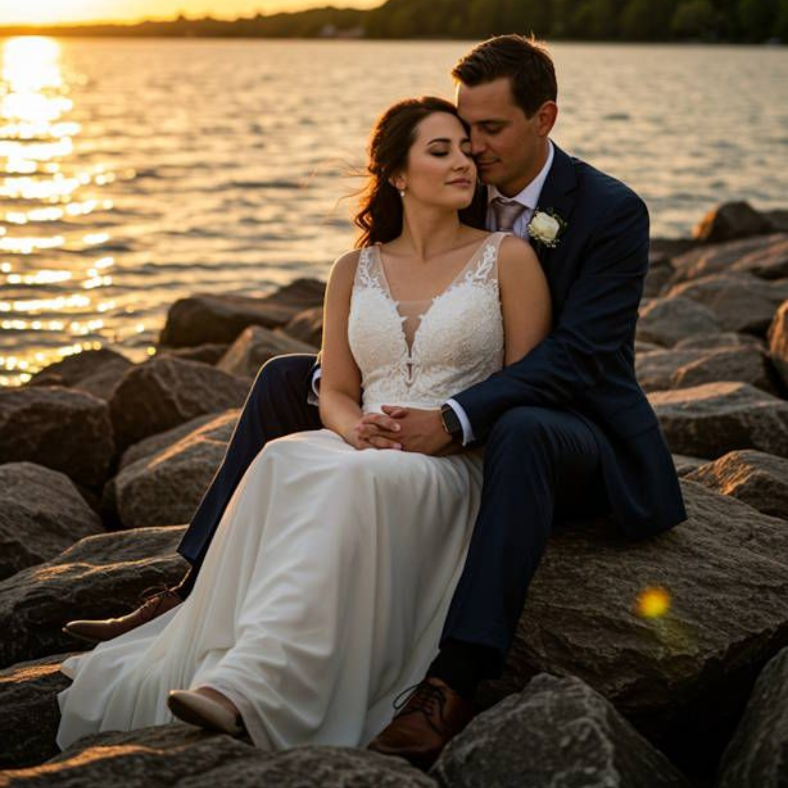 Happy couple seated on rocks near Lake Erie at sunset after hypnotherapy session