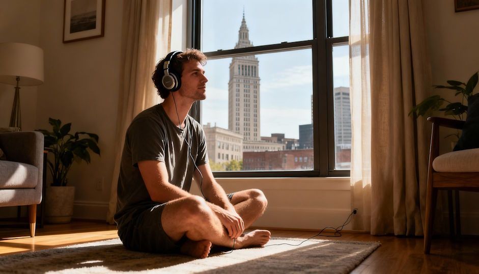 Man in his Cleveland apartment seated cross-legged with headphones Terminal Tower outside window