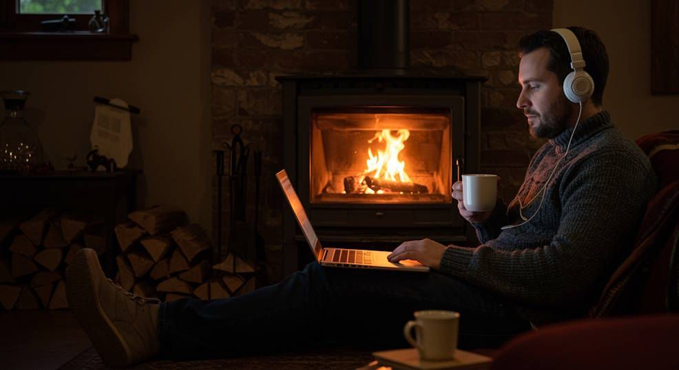 Cleveland Man peacefully seated next to a wood-burning fireplace, enjoying hot chocolate for his remote hypnosis session.