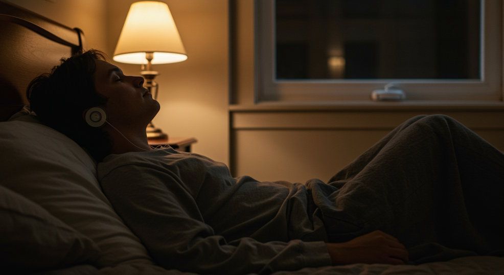 Person relaxing in their bedroom eyes closed listening to hypnosis audio soft warm ambient window light