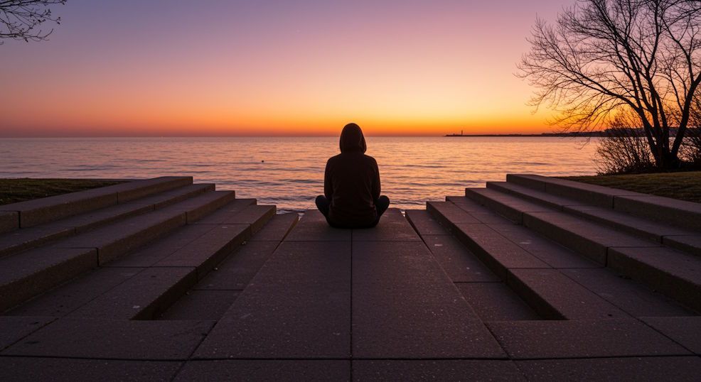 Person sitting cross-legged on Solstice Steps at sunrise, Lake Erie luminous behind them, warm pastel sky, calm atmosphere