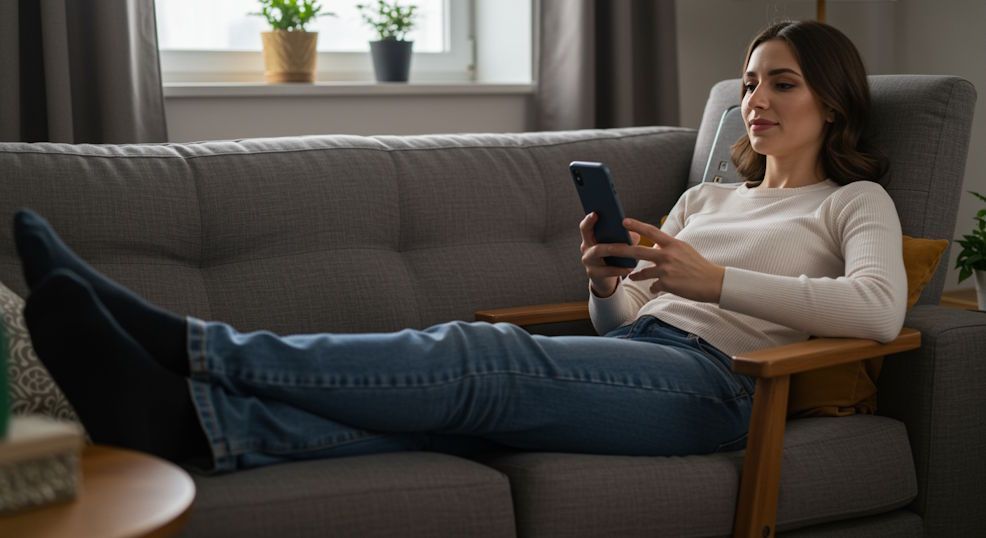 Calm Cleveland woman coming out of a remote hypnosis session with a smile on her face with her smartphone in her hand