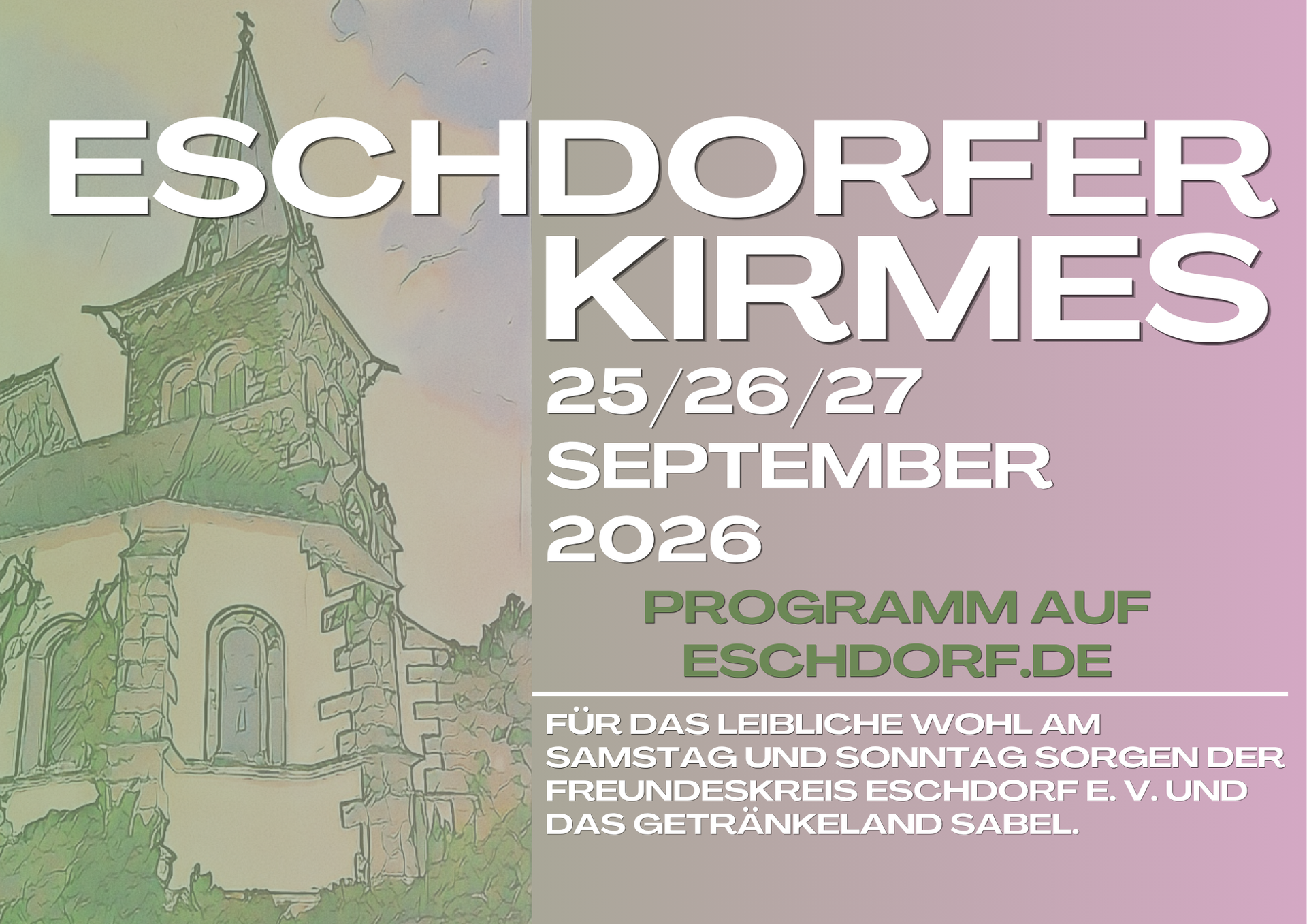 Plakat zur Eschdorfer Kirmes, 25.–27. September 2026, mit Kirchenillustration auf rosa-beigem Hintergrund