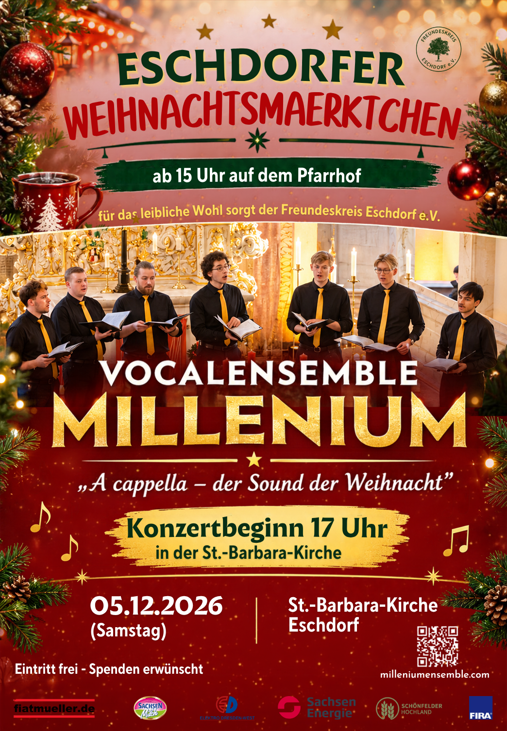 Konzertplakat des Vokalensembles MILLENIUM mit sieben Sängern in Schwarz, St. Barbara Kirche Eschdorf, 5. Dezember 2026, 17 Uhr.