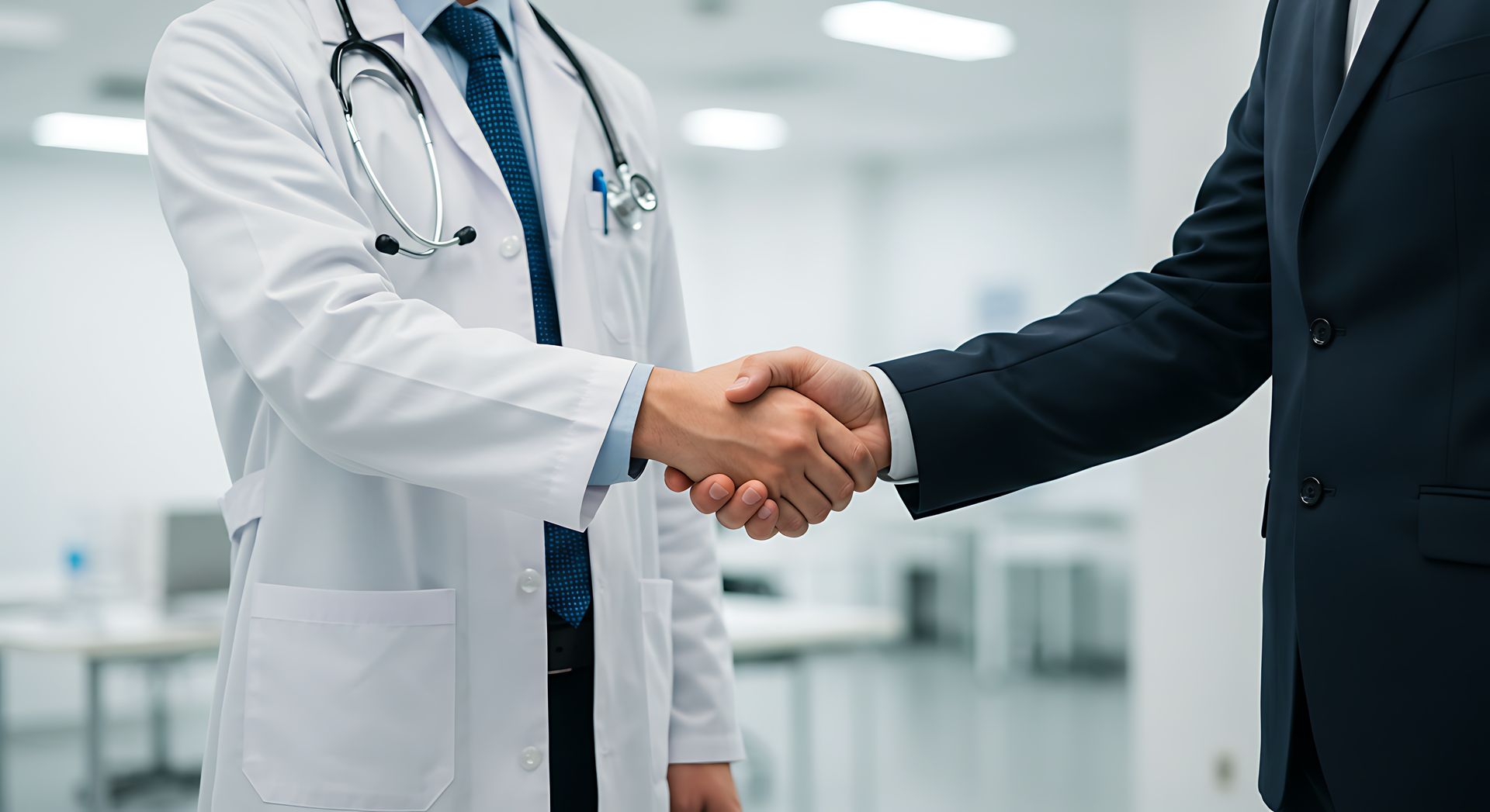 Doctor in white coat and business person in suit shaking hands in a bright office.