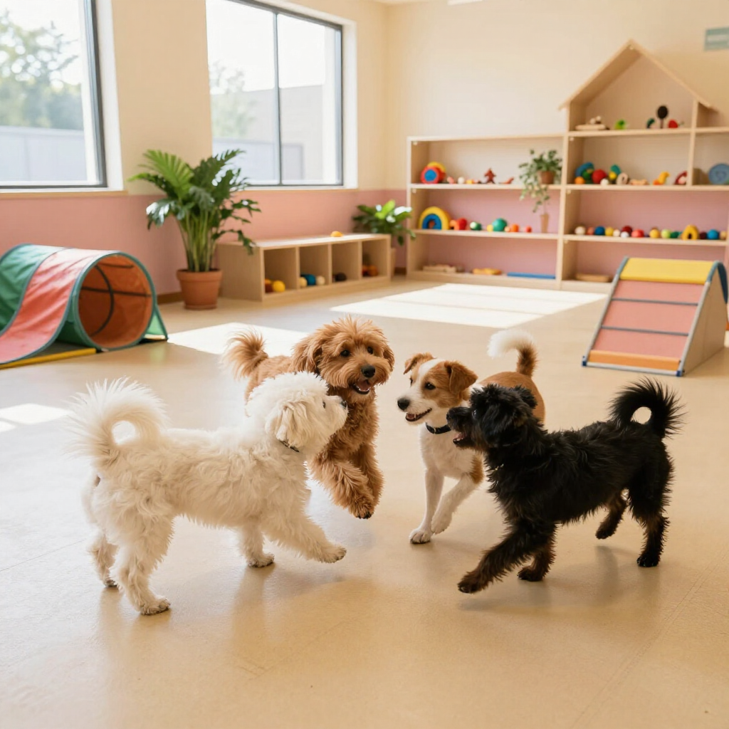 Four small dogs playing on a tan floor in a bright indoor playroom with toys and shelves.