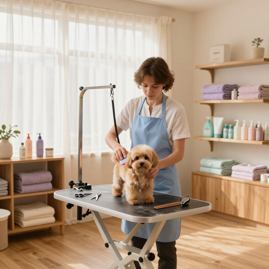 Dog groomed on a table in a bright salon with shelves of towels and supplies