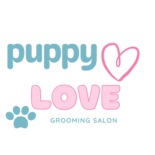 Puppy Love grooming salon logo in blue and pink with paw print and heart outline