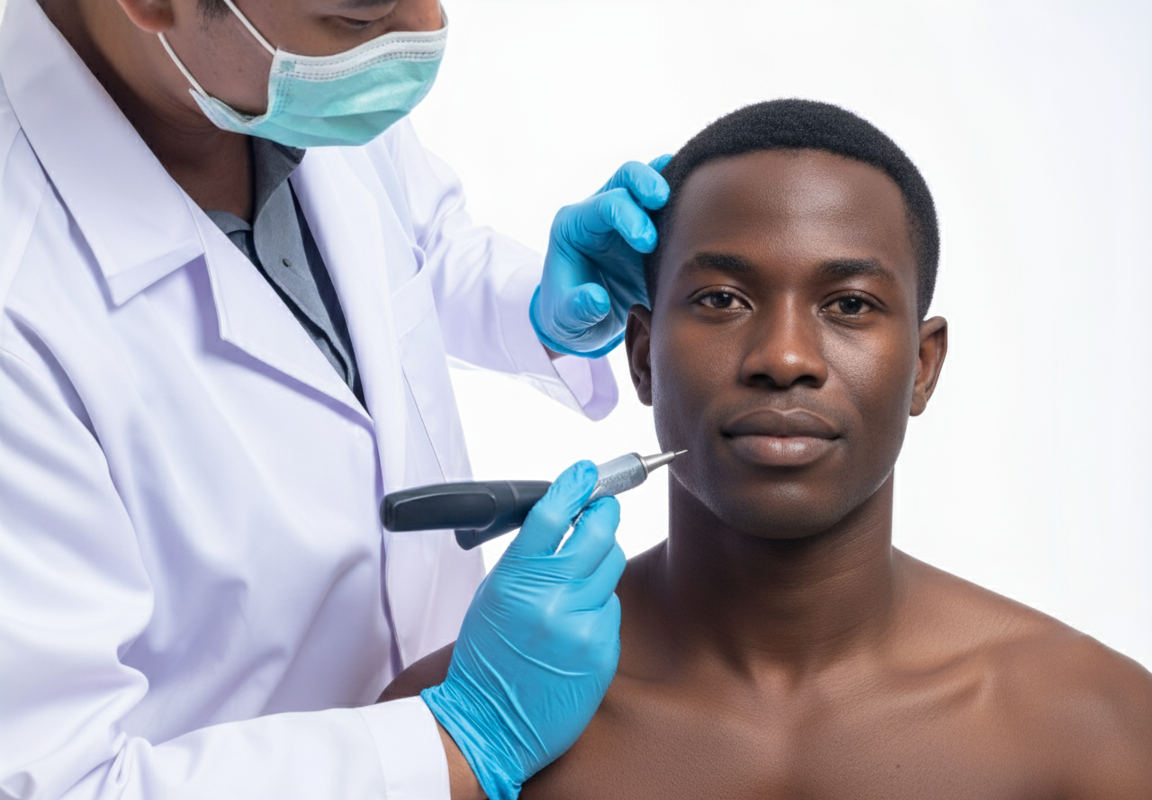 Doctor examines a man's face with a medical instrument; both are wearing gloves, mask and lab coat.