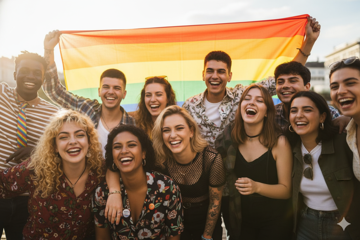 Group of diverse young people smiling and laughing while holding a rainbow flag.