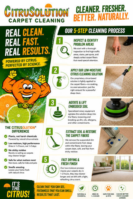 CitrusSolution Environmental carpet cleaning process infographic with five green-and-white steps and cleaning photos