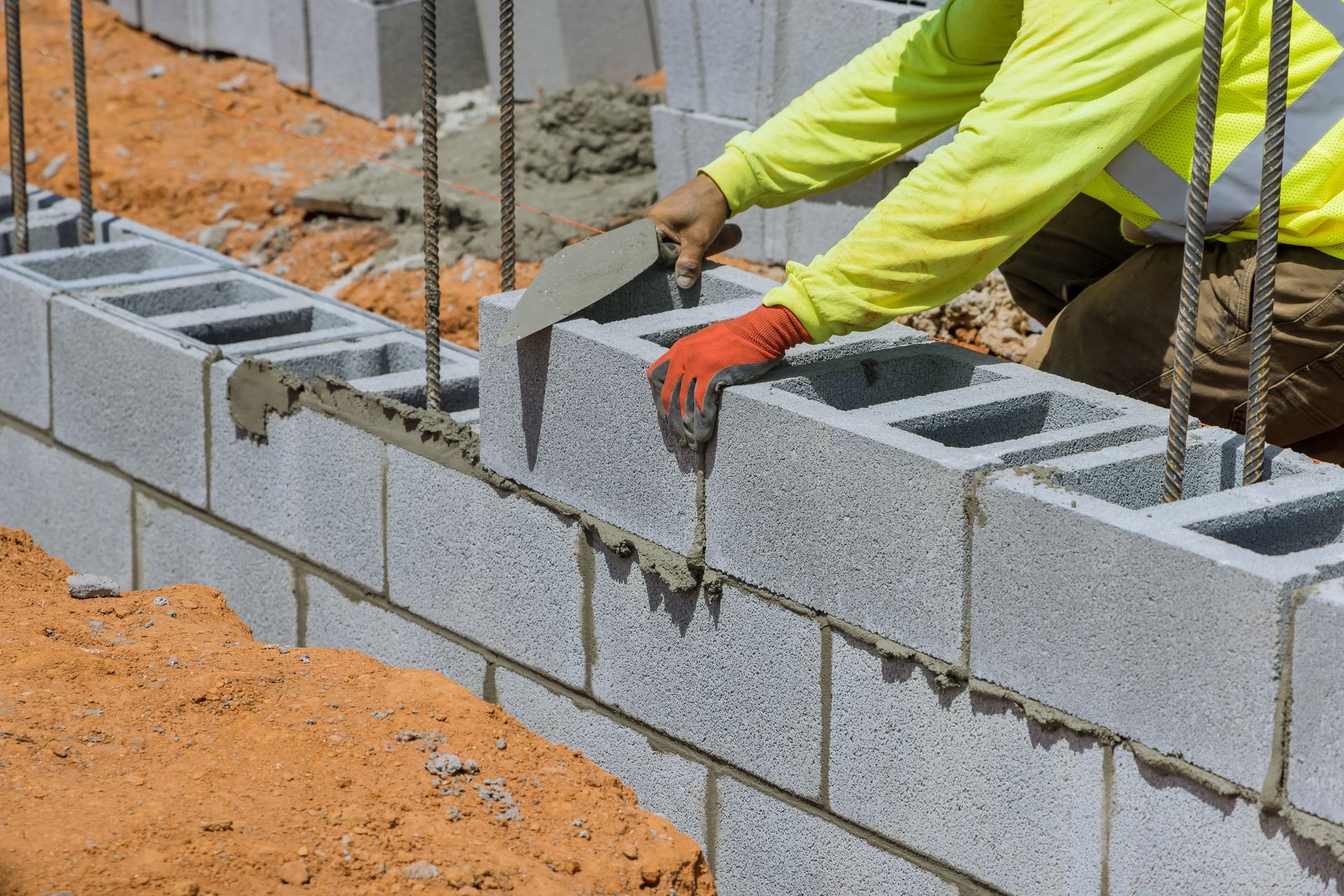 Maçon posant des blocs de béton à la truelle. Chantier ; mur en construction ; ouvrier portant un gilet de sécurité.