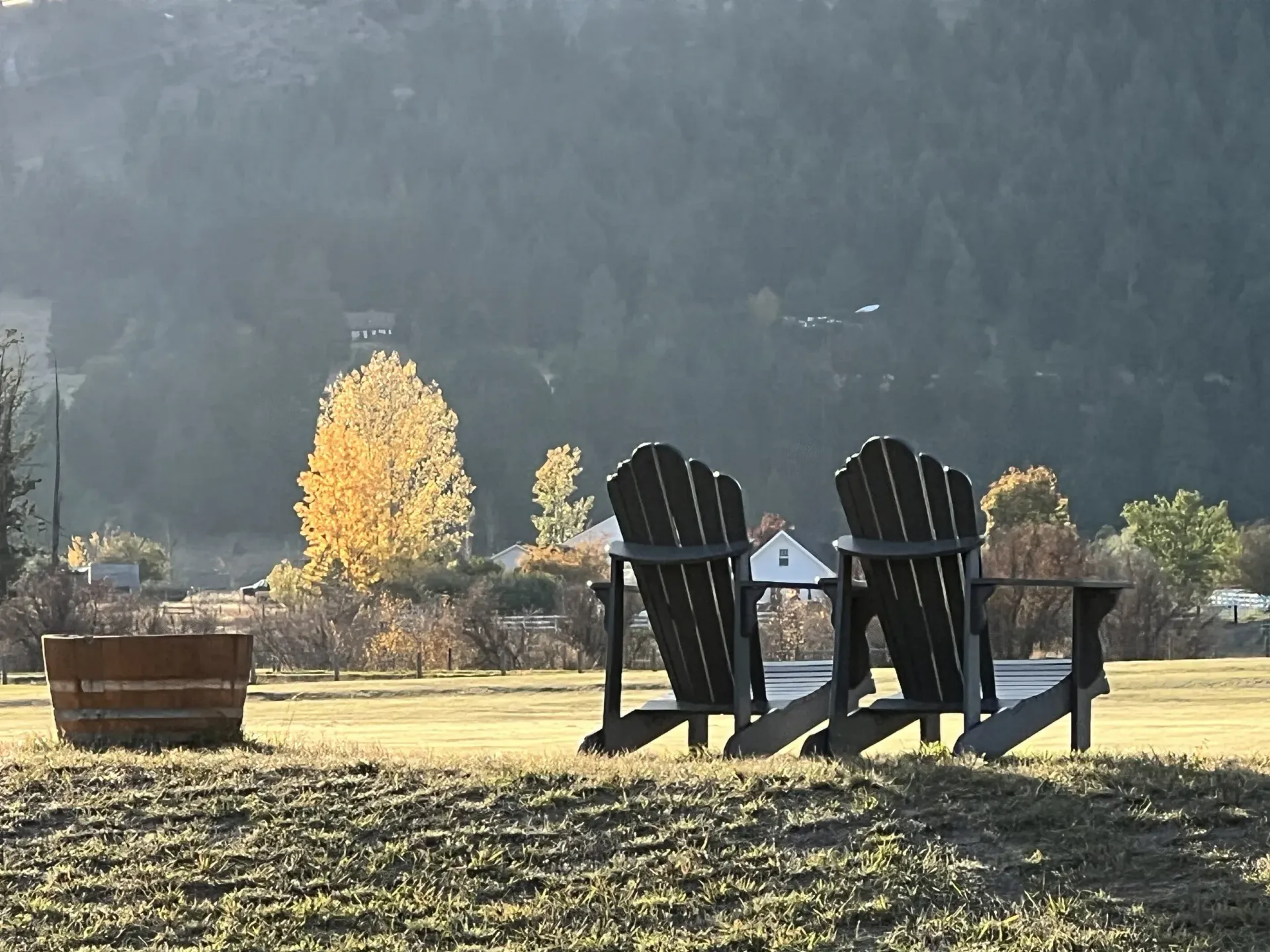 Two black Adirondack chairs in a sunny grassy field with mountains in the background.