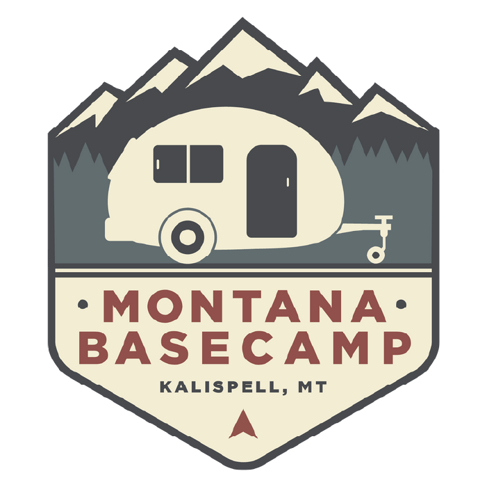 Montana Basecamp logo with a camper, mountains, and &ldquo;Kalispell, MT&rdquo; text