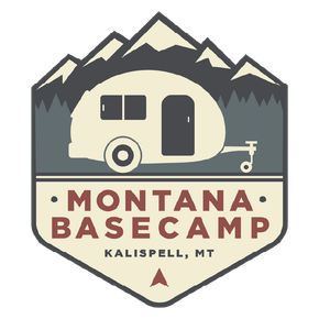 Montana Basecamp logo with camper, mountains, and Kalispell, MT text