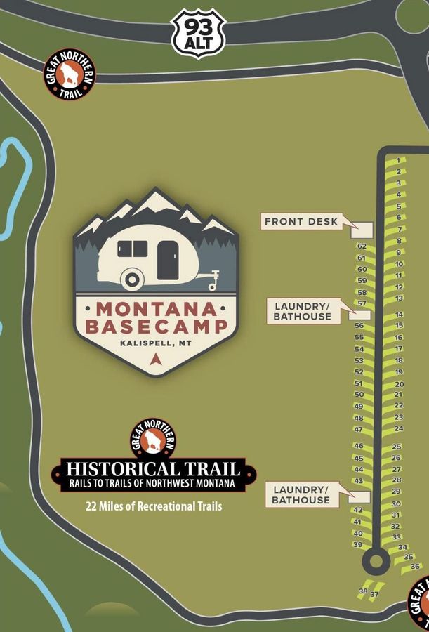 Montana Basecamp trail map with route markers, historic trail sign, and highway 93 Alt shield