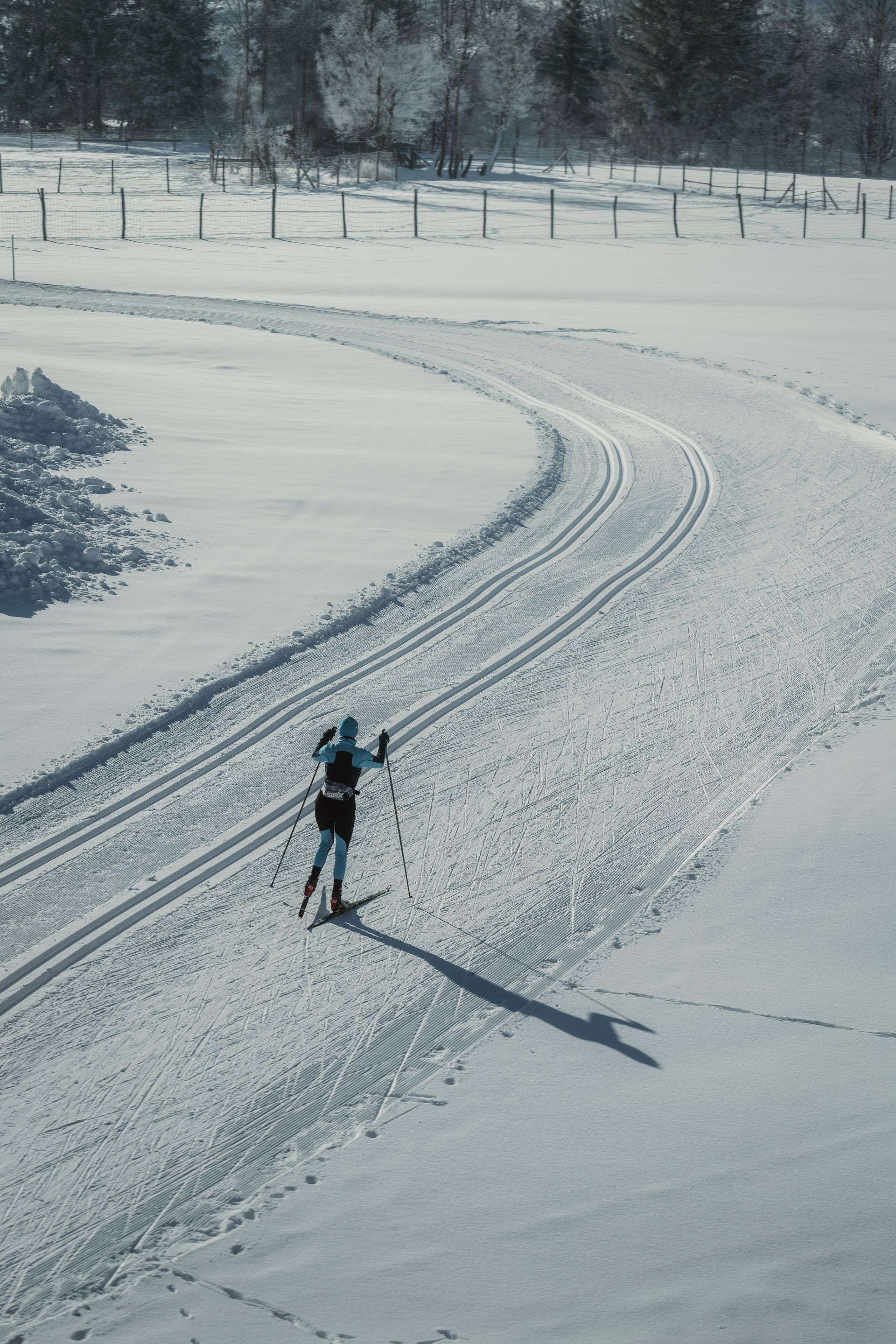Cross-country skier on a snowy trail, casting a long shadow in a winter landscape.