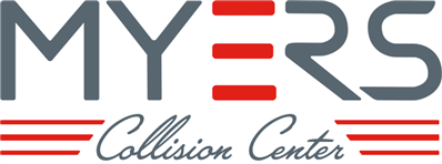 MYERS Collision Center logo with gray and red text and three red horizontal lines