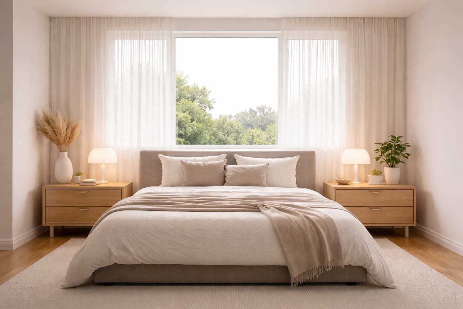Sheer curtains installed in modern bedroom