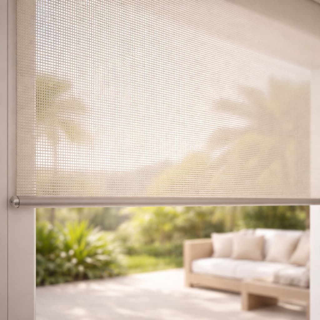 Close-up of outdoor blind mesh fabric filtering sunlight