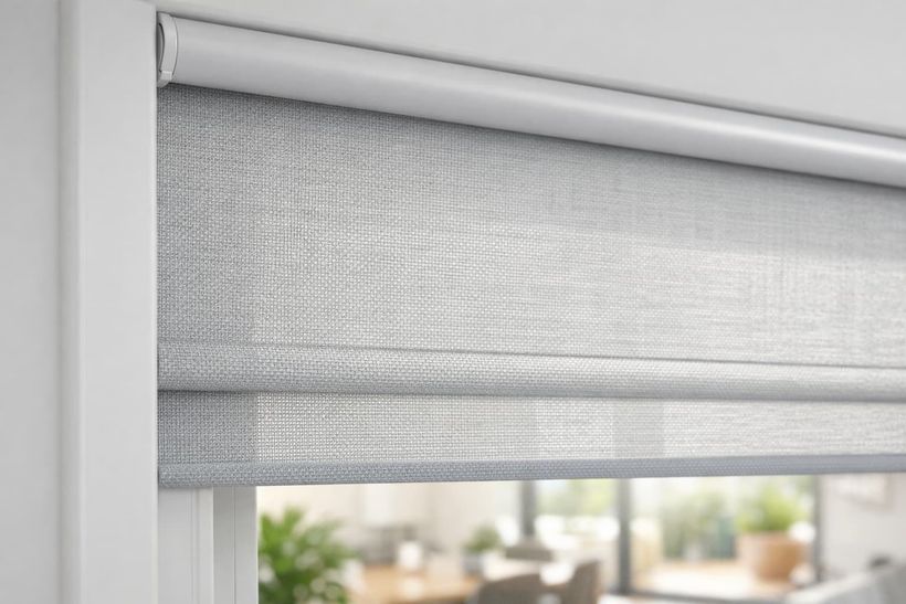 Close-up of roller blind fabric filtering natural light
