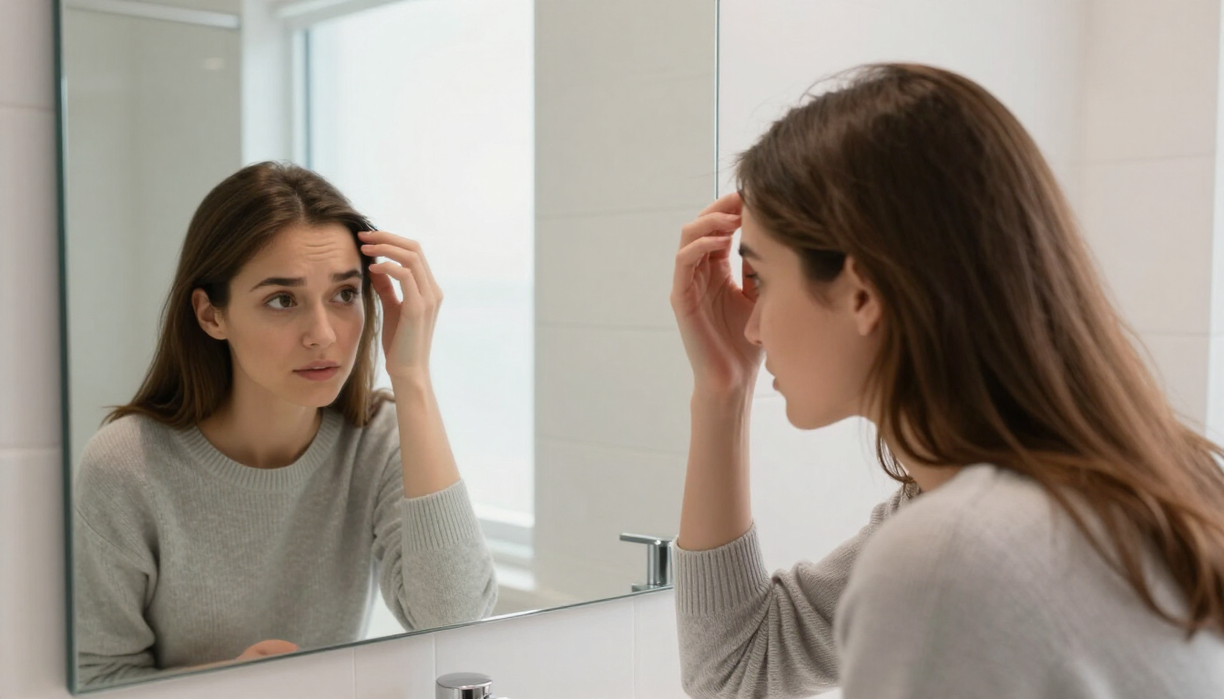 Someone examining their hairline in a mirror with a concerned but hopeful expression