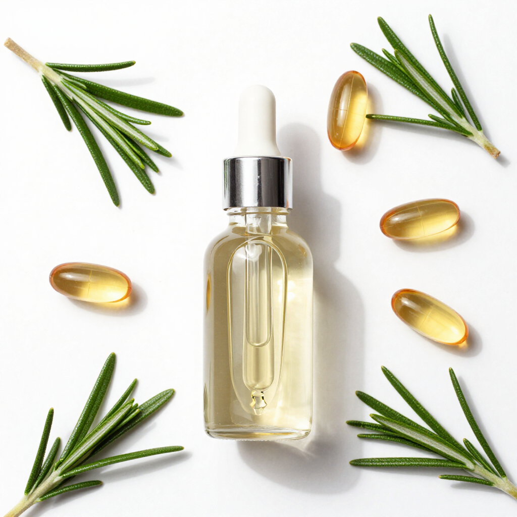 Close up of healthy hair vitamins and natural oils on a clean surface
