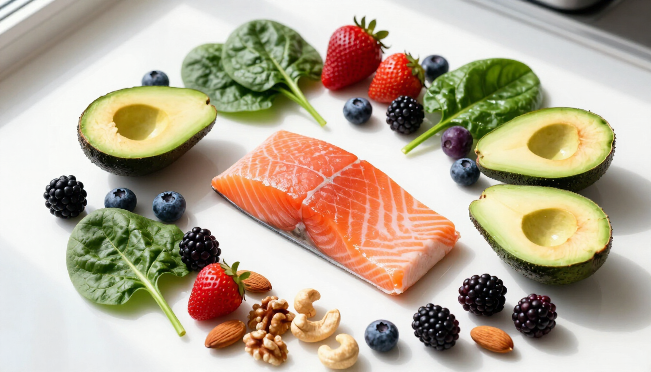 A colorful selection of nutrient-dense foods for hair growth including eggs, greens, and nuts.