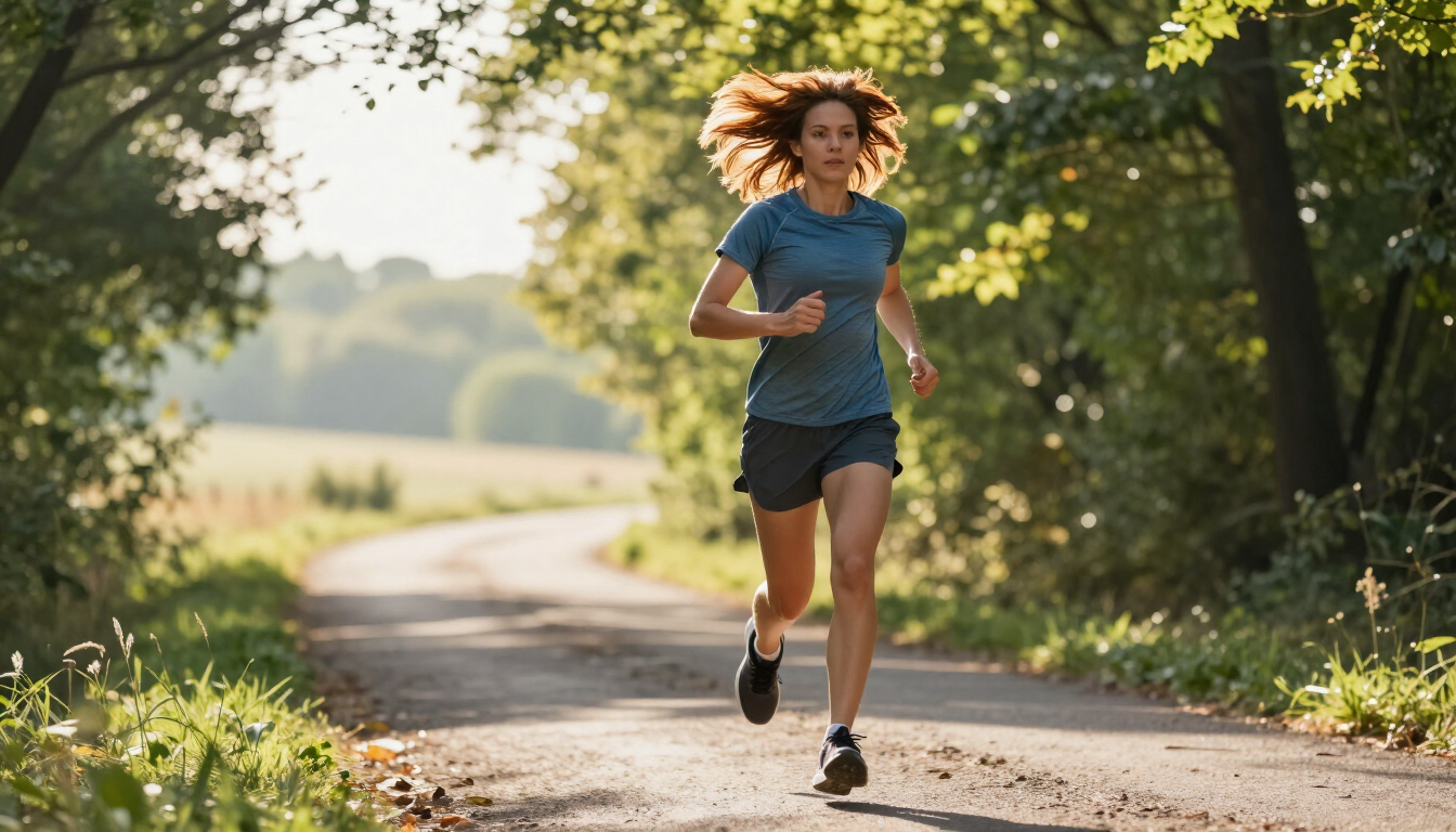A person with healthy hair exercising outdoors in the sunlight.